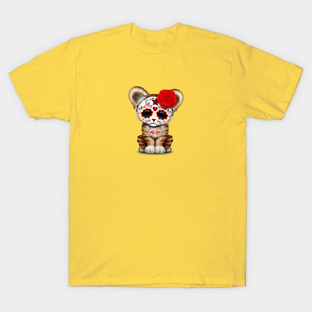 Red Day of the Dead Sugar Skull Tiger Cub T-Shirt by jeffbartels